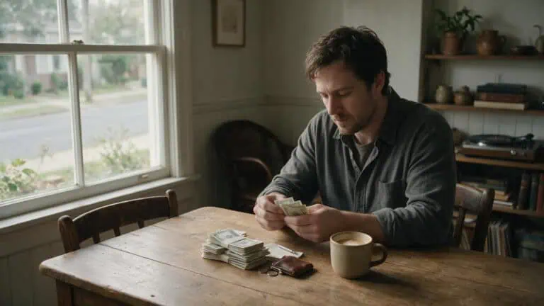 Man thoughtfully counting cash at a table, exploring money and happiness relationship.