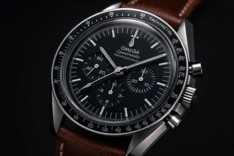 Close-up of Omega Speedmaster Professional chronograph watch with black dial and brown leather strap, showcasing detailed features and tachymeter scale.