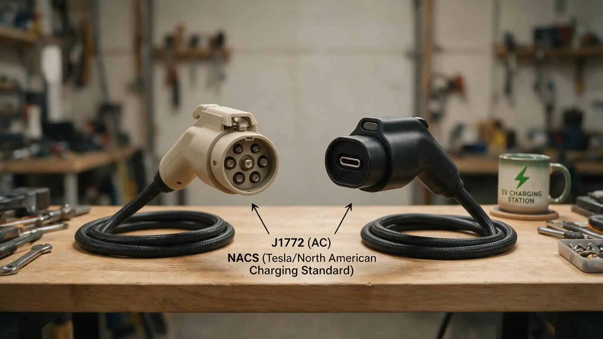 How to Choose a Level 2 Home EV Charger: 7 Tested Models Compared (2026 Guide) 3 J1772 and NACS EV charging connectors side by side on a workbench