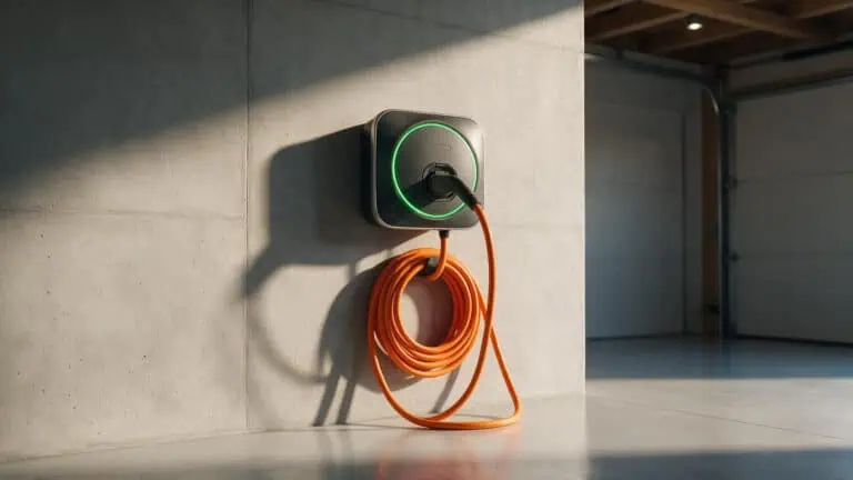 Level 2 EV charger mounted on a garage wall with coiled orange charging cable ready for home charging.