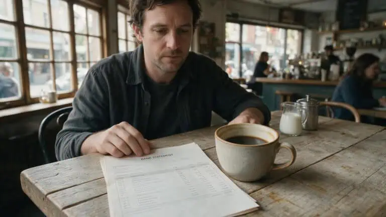Man reviewing finances at a table, illustrating the money and happiness debate.