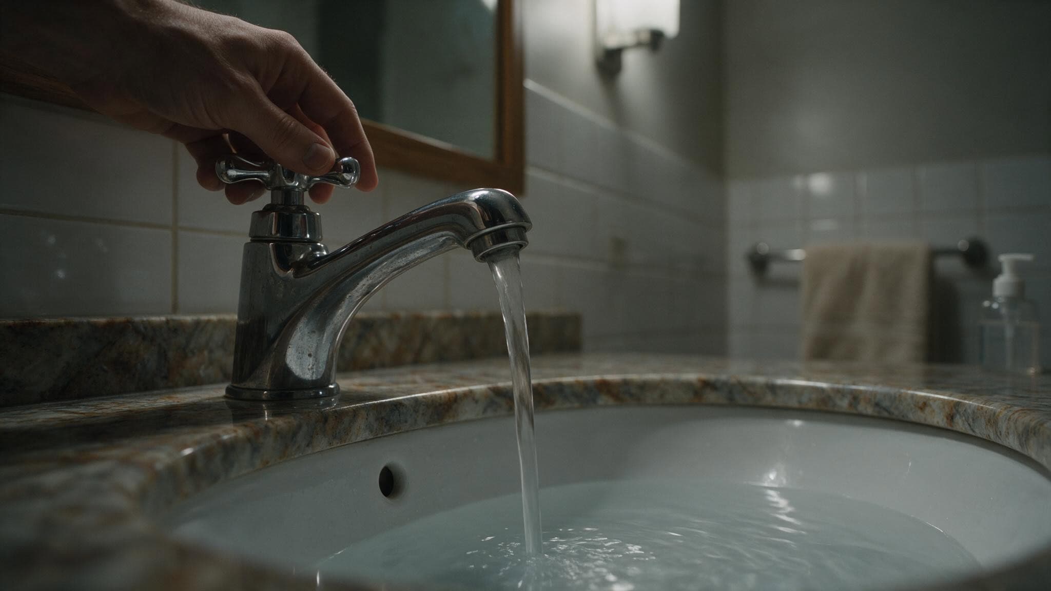 Weak cold water stream from a bathroom faucet indicating low pressure