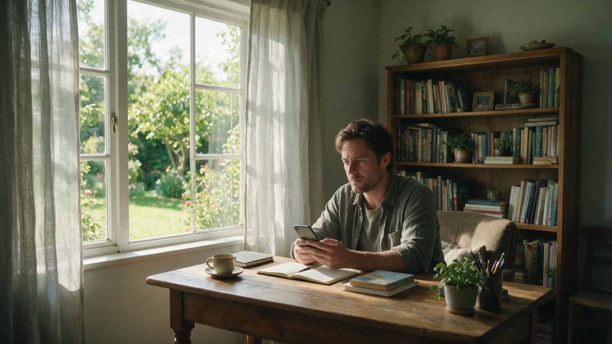 Does Money Buy Happiness? The $75,000 Study, the Contradiction, and the Surprising Resolution 3 Man checking his smartphone at a desk, representing real-world implications of income and happiness research.