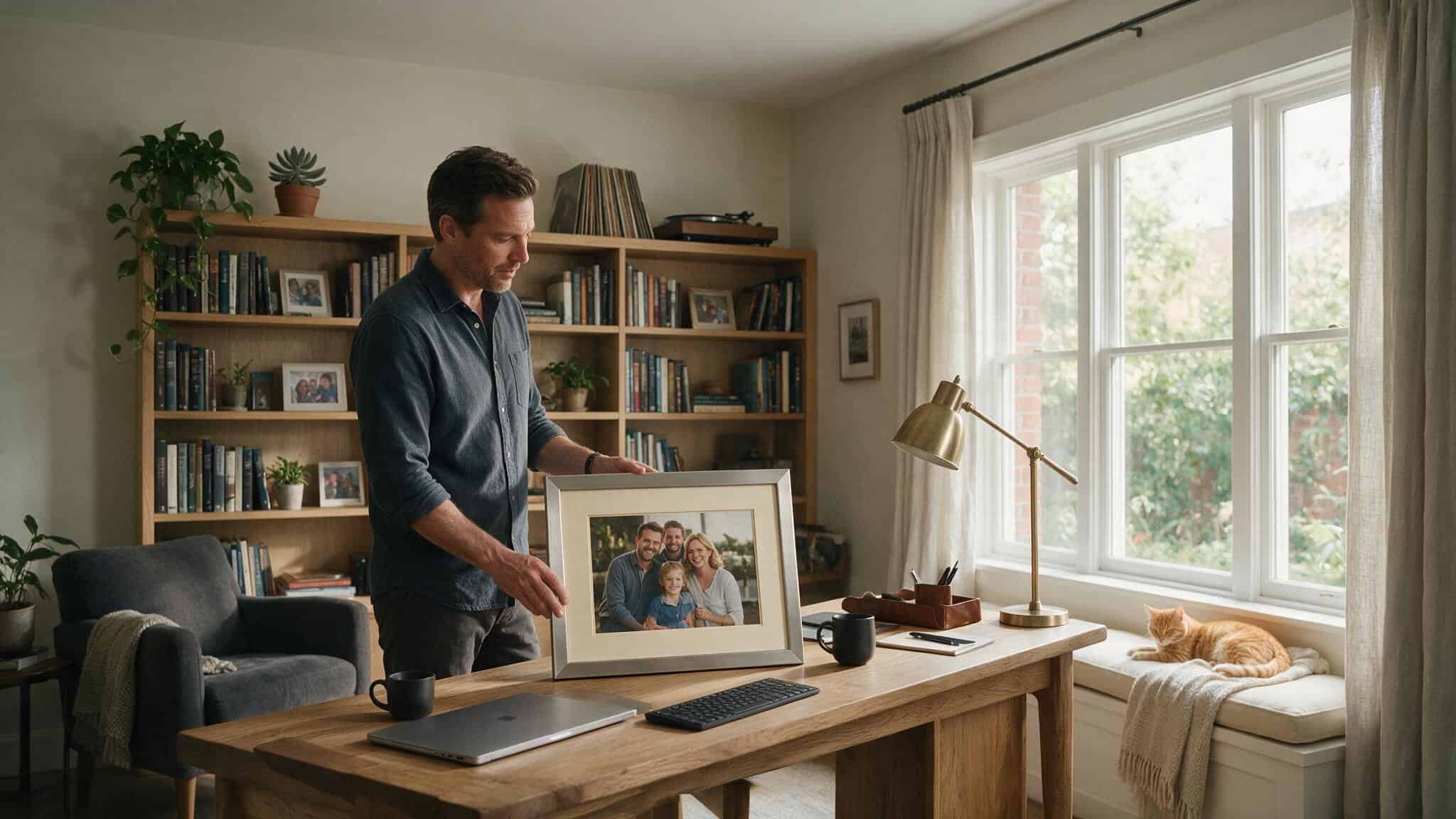 Man in home office looking at family photo, reflecting on provider identity and happiness.