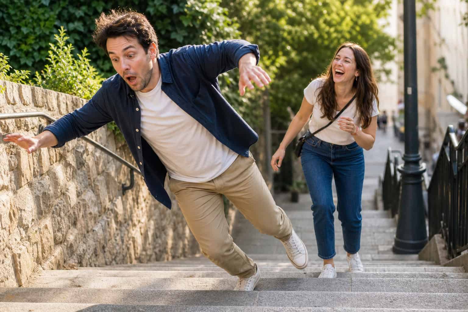 What 'Silly Goose' Means on Dating Apps (And Why It's So Polarizing) 7 Man tripping on stairs with woman laughing, showing quirky behavior instead of using labels like silly goose.