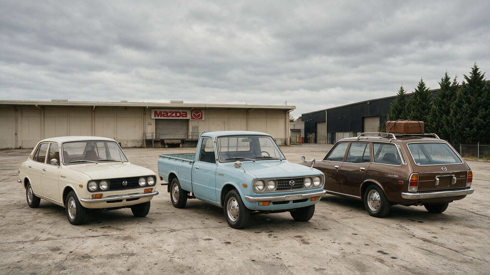 Mazda 1970 Models: Capella Started the Rotary Revolution 2 1970 Mazda B1600 pickup, Familia 1200 sedan, and Luce 1800 wagon parked on a concrete lot