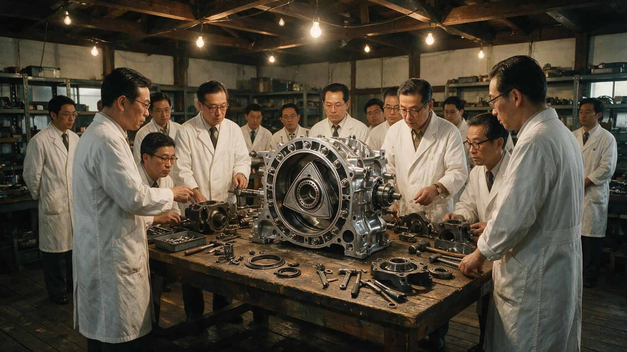 When Did Mazda Come to North America? The R100 Story (1970) and the Canadian Prelude (1968) 2 Forty-seven Mazda engineers in lab coats working on rotary engine apex seal materials in Hiroshima.