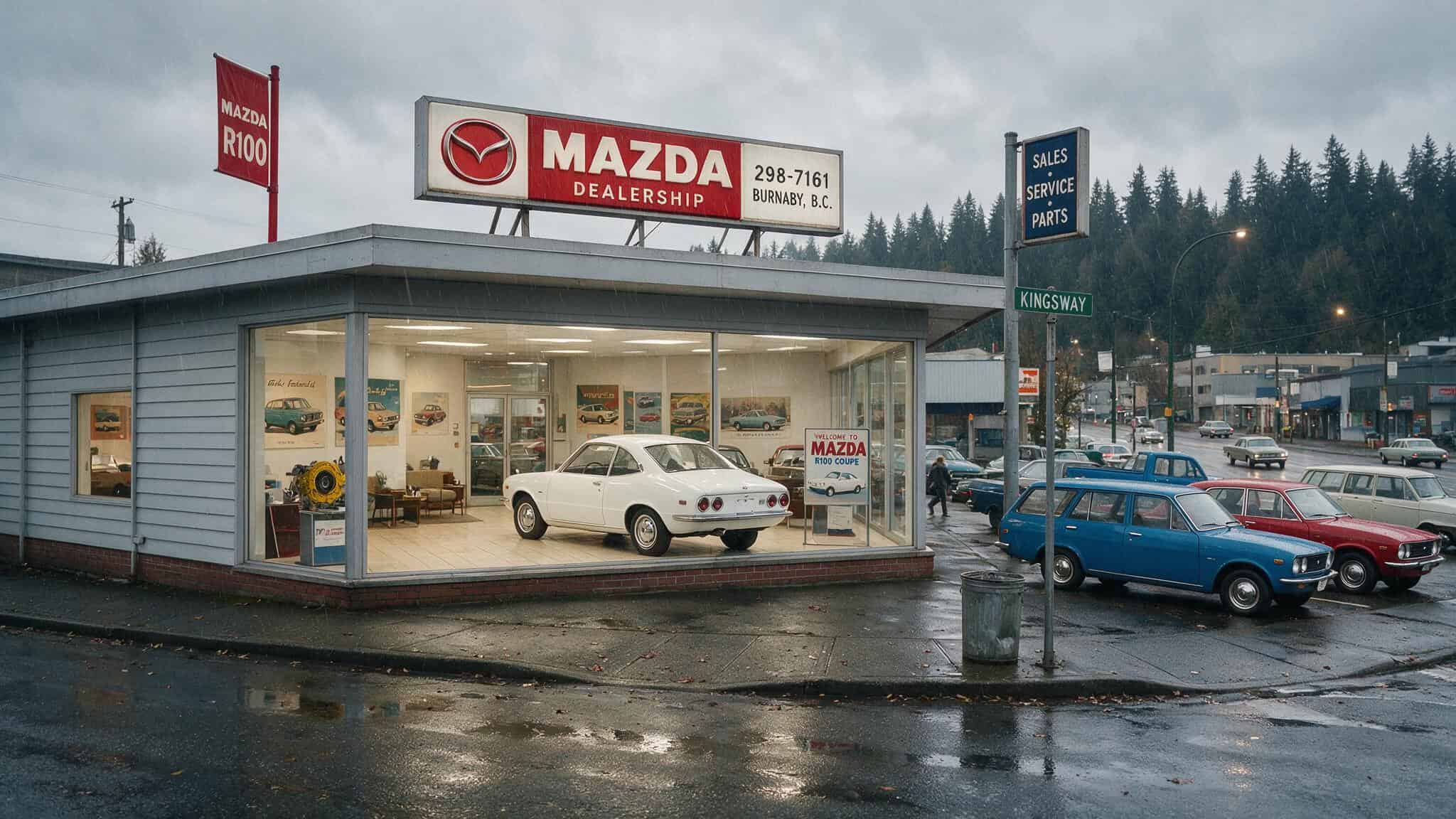 When Did Mazda Come to North America? The R100 Story (1970) and the Canadian Prelude (1968) 3 1968 Mazda dealership in Burnaby, British Columbia, with an R100 coupe in the showroom.