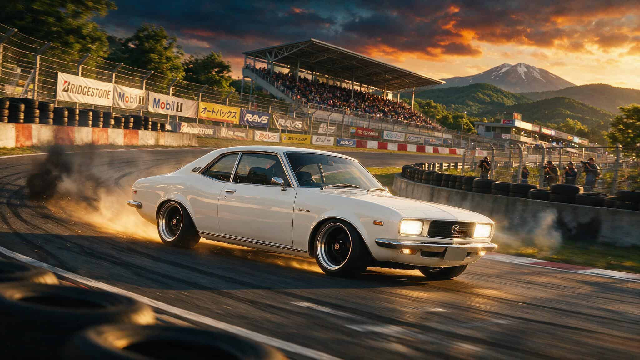 Mazda 1970 Models: Capella Started the Rotary Revolution 3 1971 Mazda Capella Coupe GS racing on a Japanese circuit at dusk with motion blur