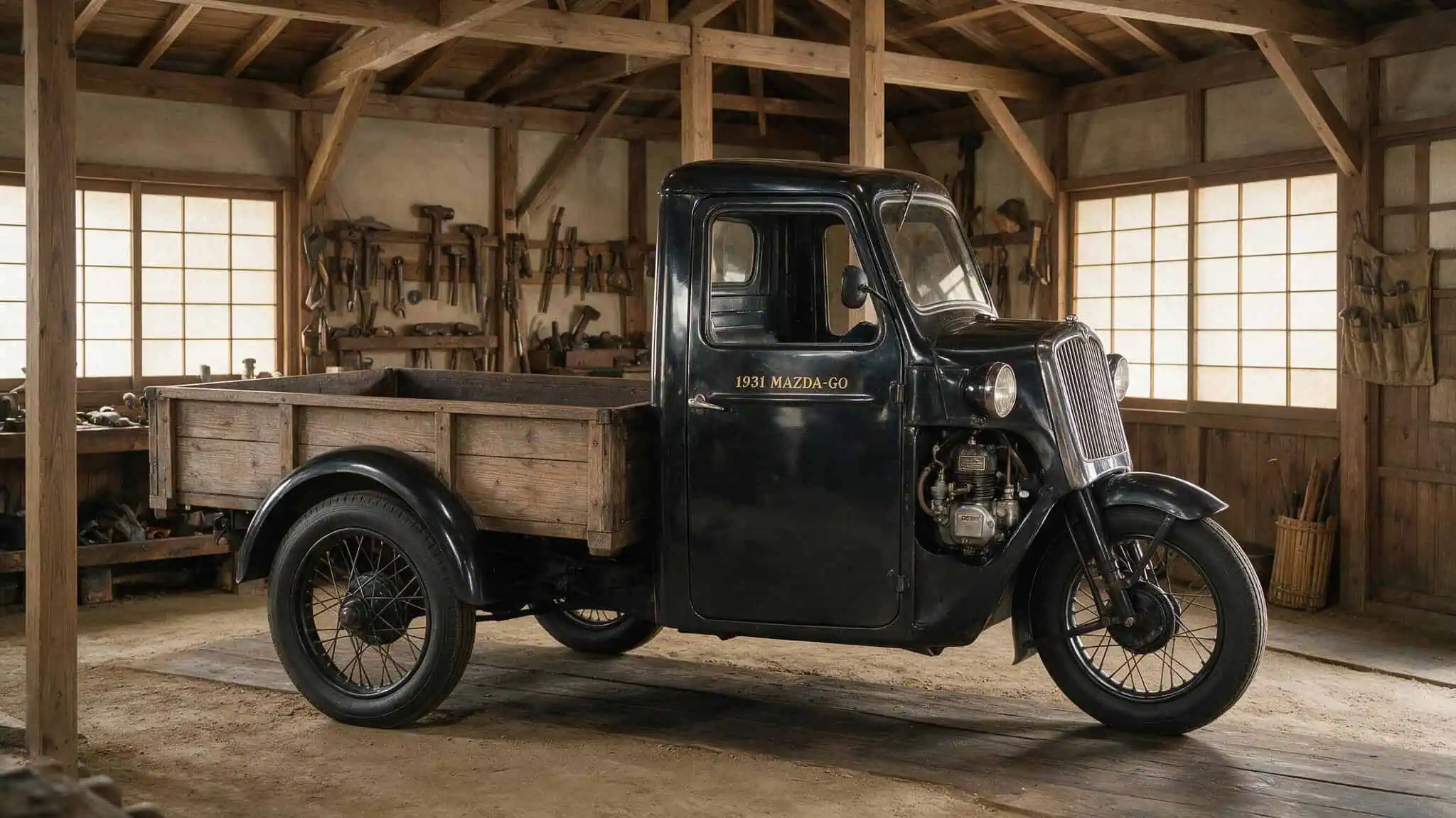 Old Mazda Models List With Pictures: From the Mazda-Go Truck to the RX-8 2 1931 Mazda-Go three-wheeled truck in a vintage Japanese workshop, early Mazda history.