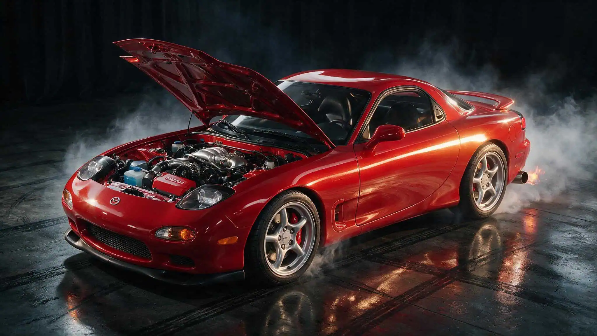 Old Mazda Models List With Pictures: From the Mazda-Go Truck to the RX-8 3 Red Mazda RX-7 FD from 1992 with rotary engine, iconic sports car from Mazda's rotary era.