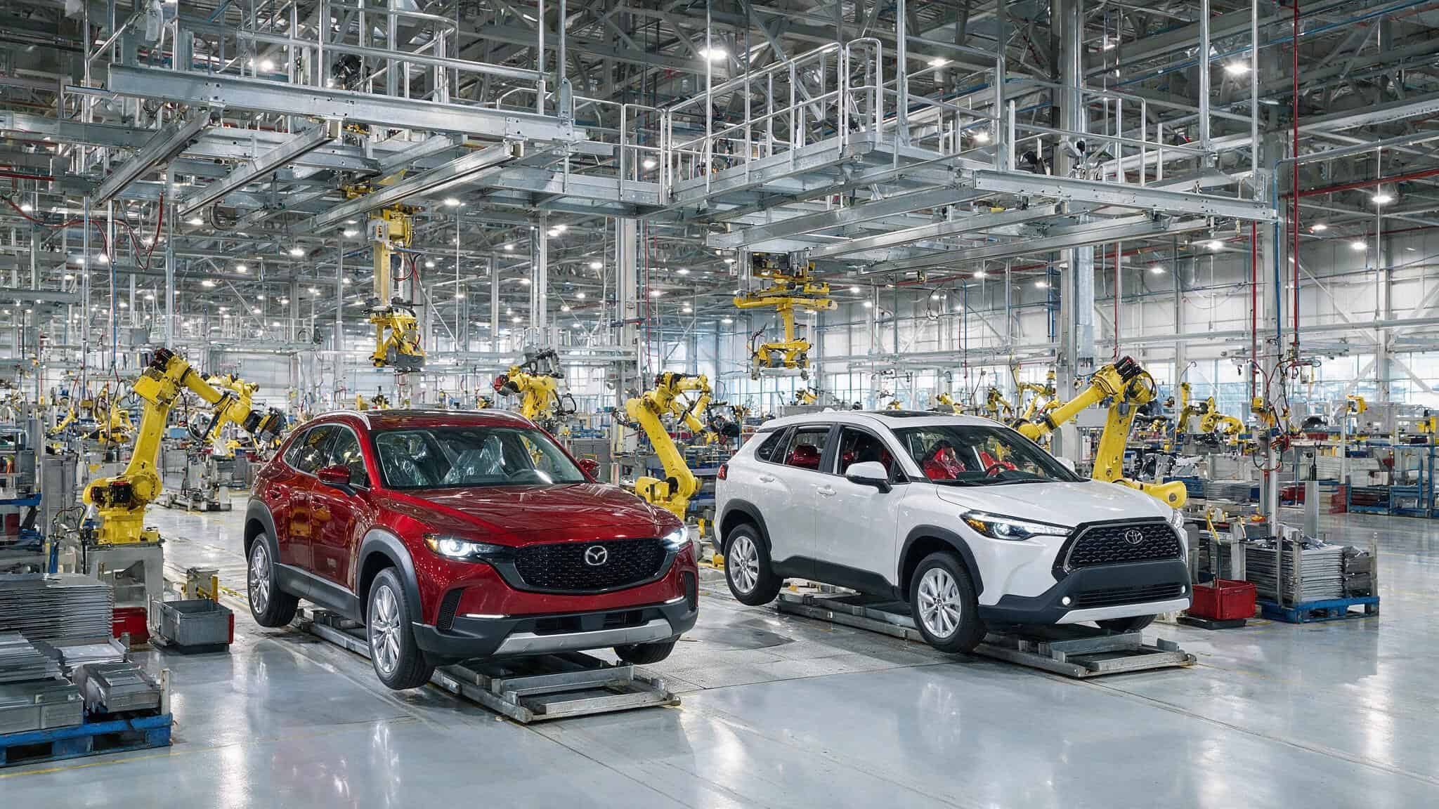 Mazda CX-50 and Toyota Corolla Cross on shared assembly line at joint plant.