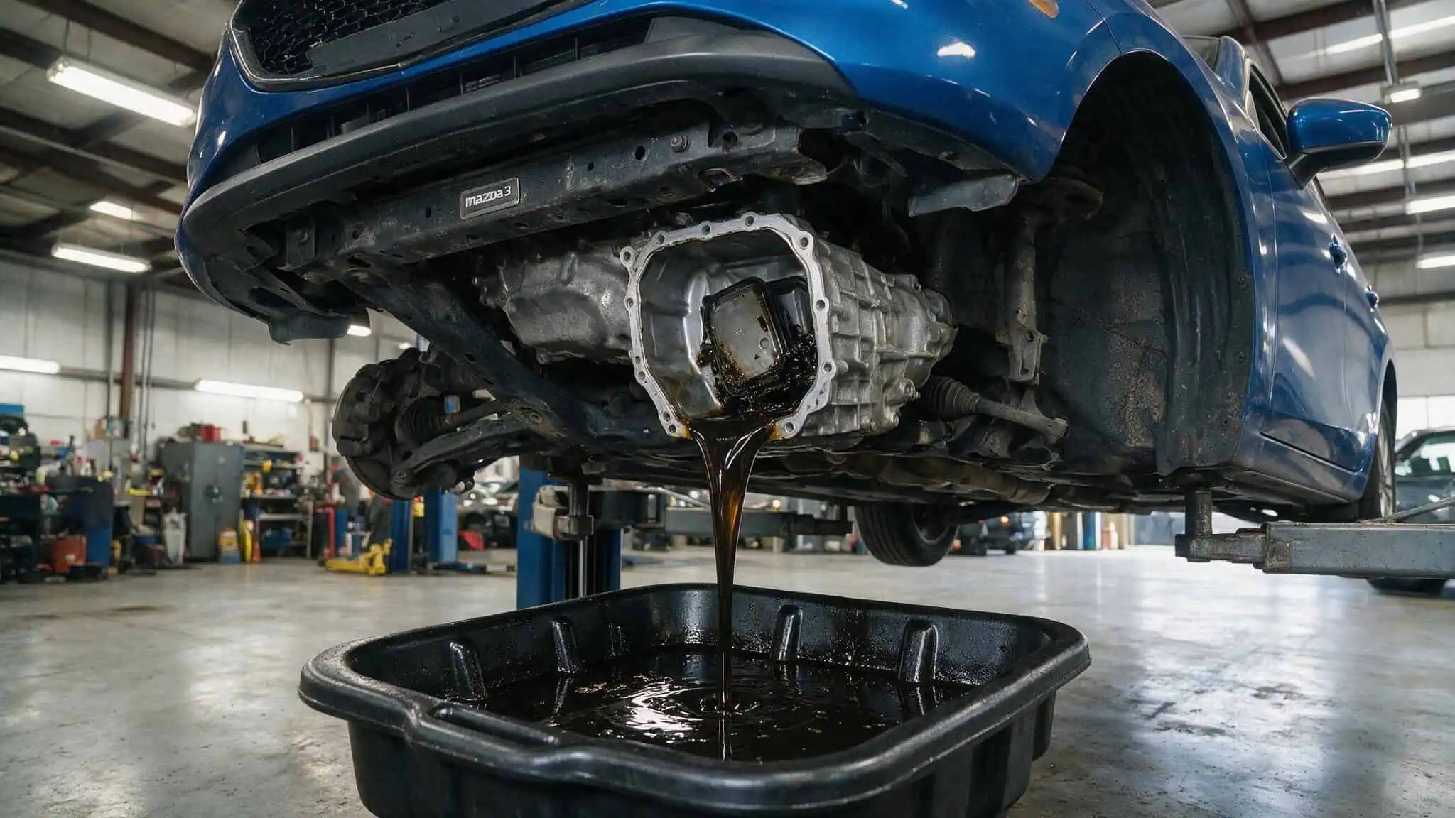 Mazda's Biggest Issue: Why Rust Still Haunts the Brand 3 Draining old automatic transmission fluid from a Mazda3 on a shop lift