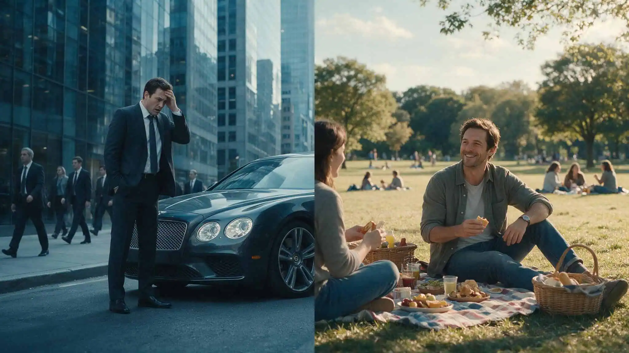 Split image contrasting a stressed high-income man with a relaxed middle-income man socializing.