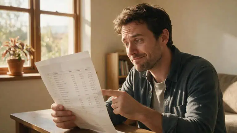 Man examining a bank statement at a desk, representing the money happiness threshold debate.