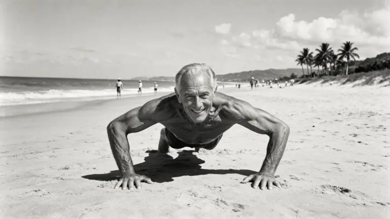 Silver-era natural bodybuilder Jack LaLanne doing push-ups on a beach at age 96
