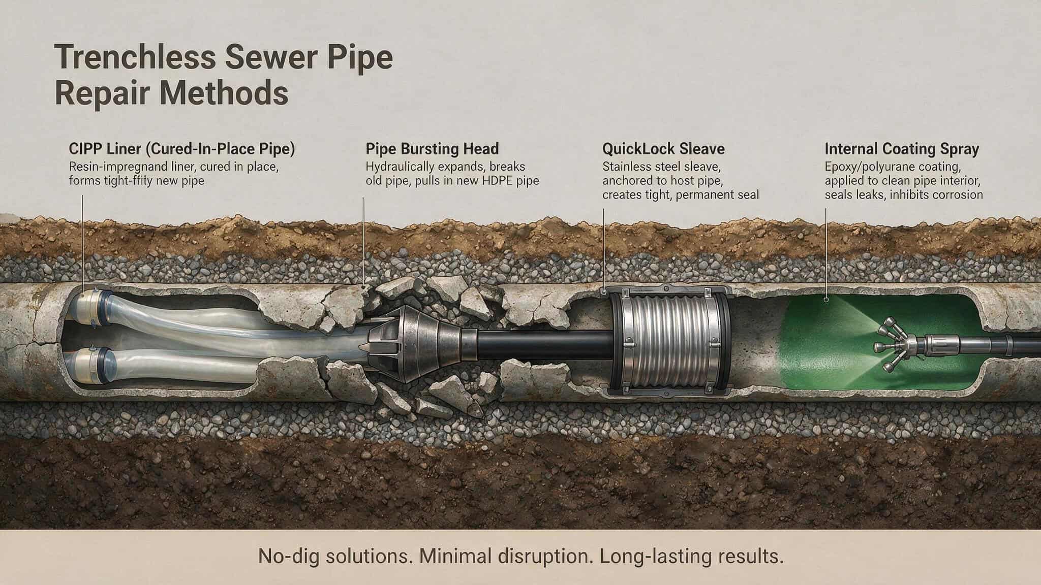 Can a Sewer Line Be Replaced Without Digging? Yes—Here's When It Works and When It Doesn't 2 Cross-section diagram of CIPP, pipe bursting, QuickLock, and internal coating trenchless methods.