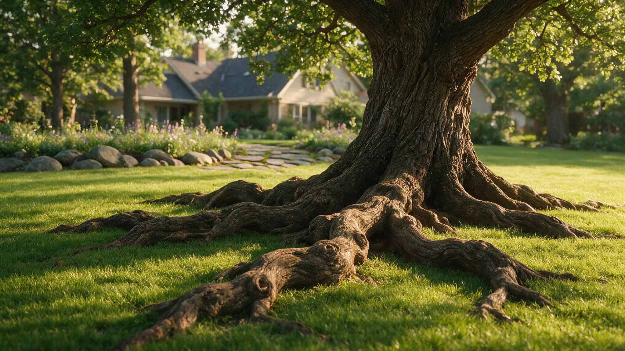 Large oak tree roots spreading across a lawn, a common cause of sewer line damage in older homes.