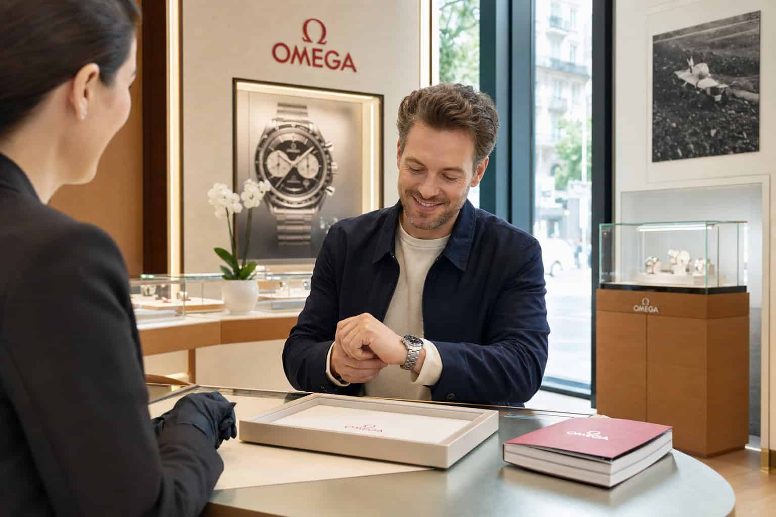 Omega boutique customer trying on a Speedmaster with no waitlist required