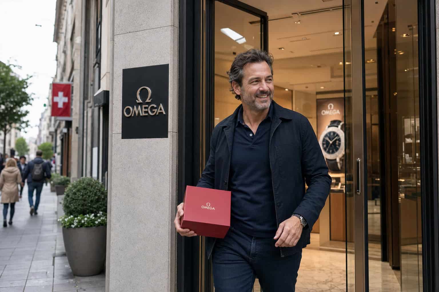 Omega vs Rolex Owners: Age, Income, and What Drives the Choice 9 Man in casual clothes leaving an Omega store with a watch box in hand
