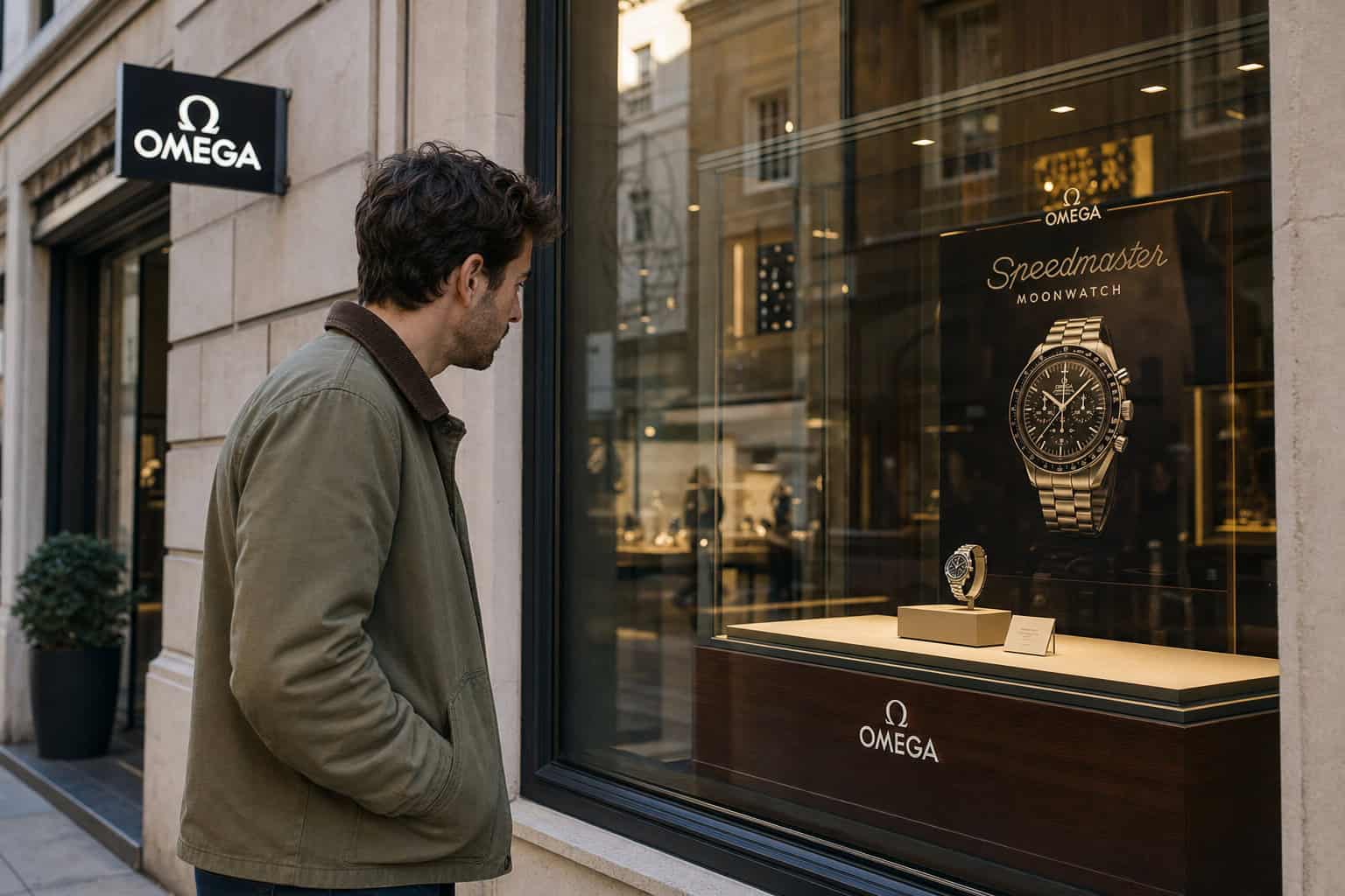 Man looking at Omega Speedmaster in boutique window display