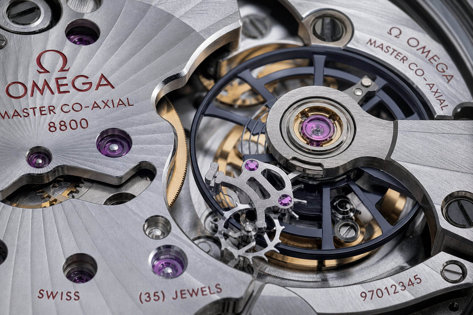 Close-up of Omega Master Chronometer movement with Co-Axial escapement and silicon parts