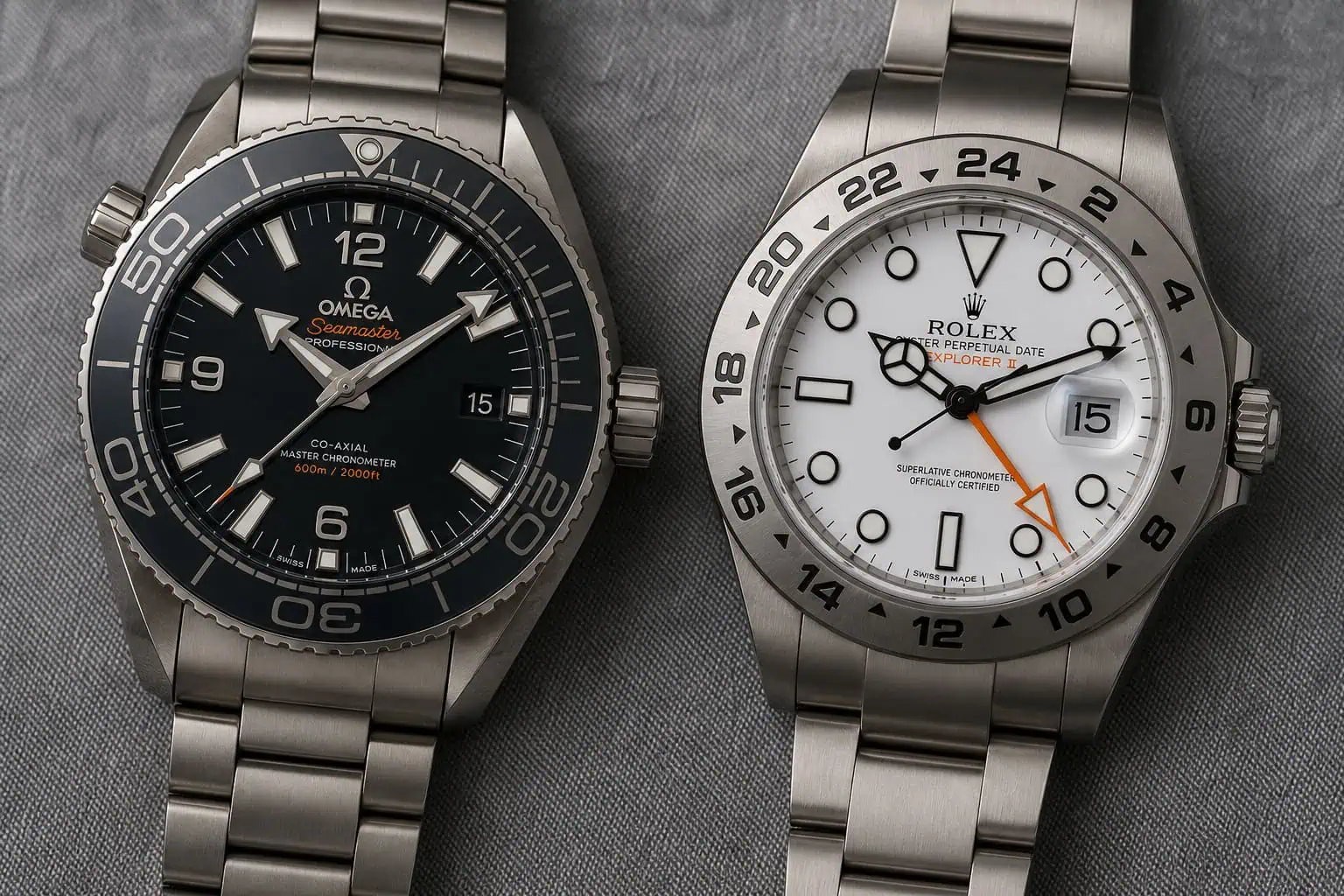 Omega Planet Ocean Titanium and Rolex Explorer II mid-range price comparison