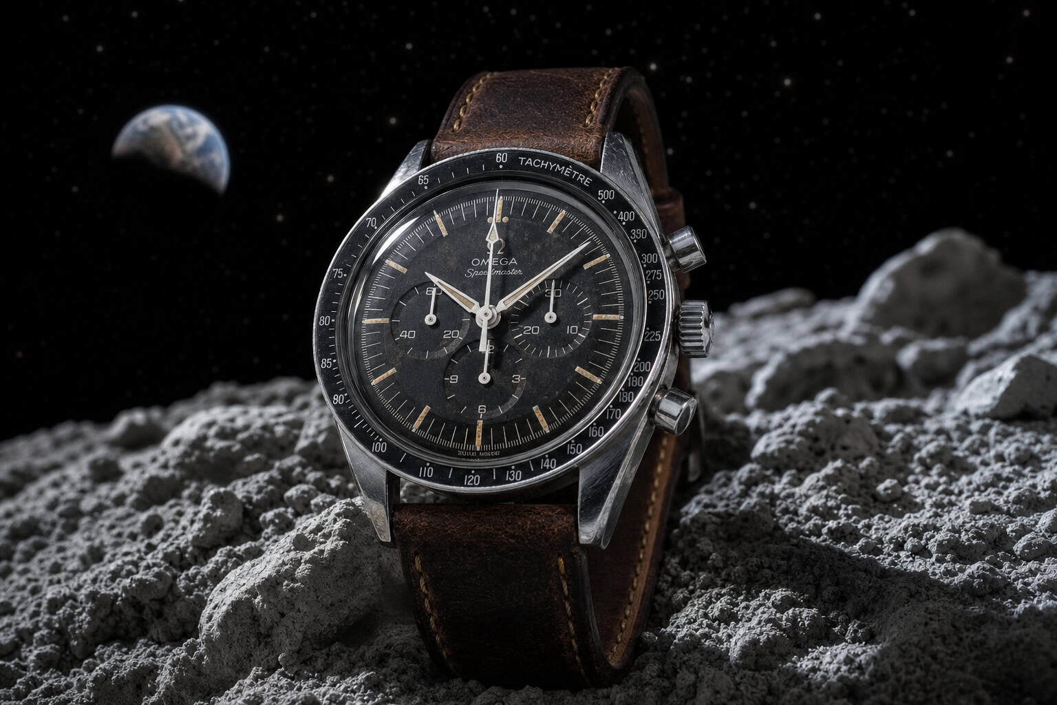 Omega vs Rolex Owners: Age, Income, and What Drives the Choice 2 Omega Speedmaster watch on a simulated moon surface with craters