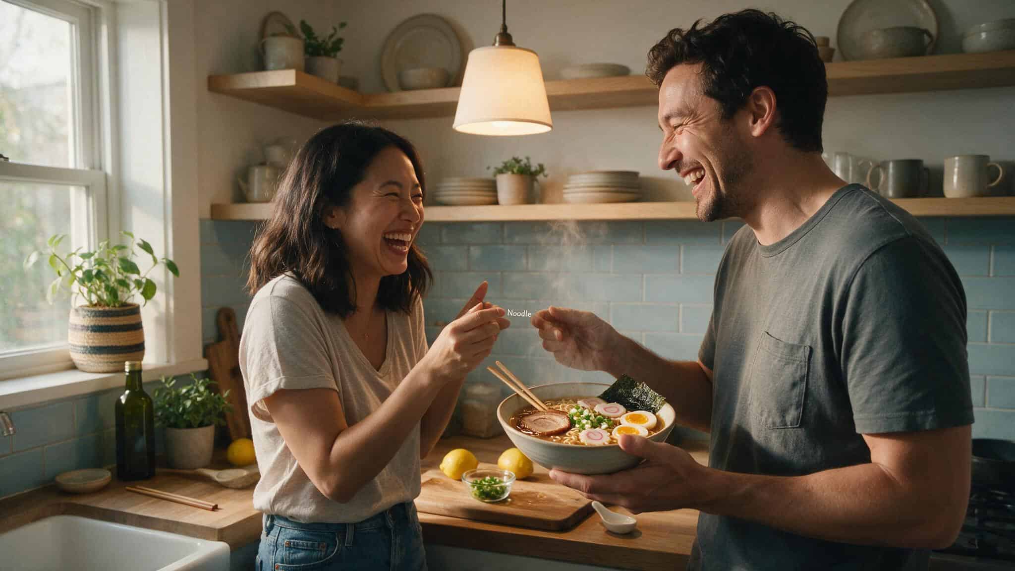 Is 'Babe' a Flirty Word? How to Decode Intent with Expert Quotes 3 Couple laughing in a kitchen with one holding a bowl of ramen and calling the other Noodle