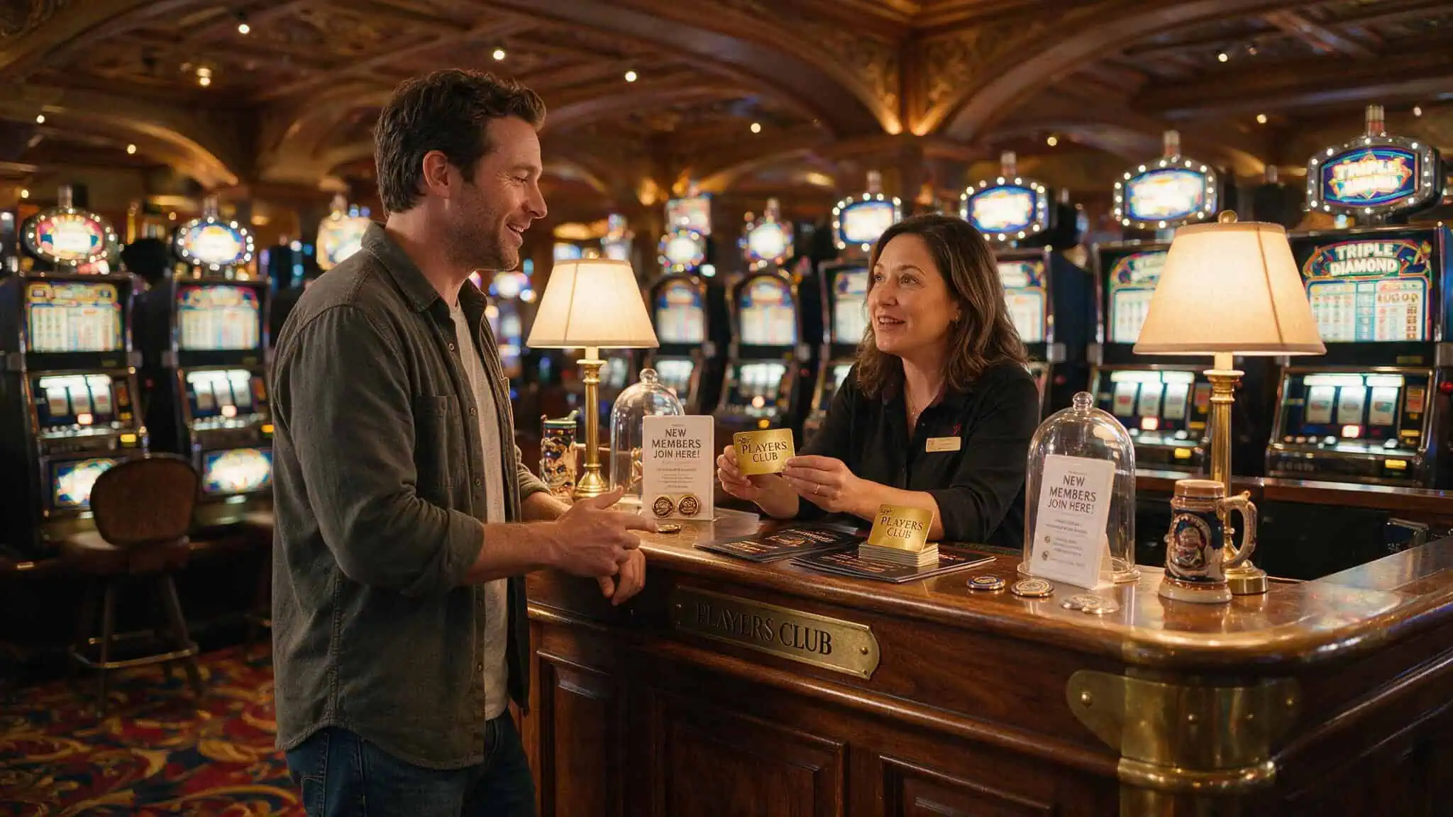Man speaking with a casino host at a player's club desk to claim comps and free room offers.