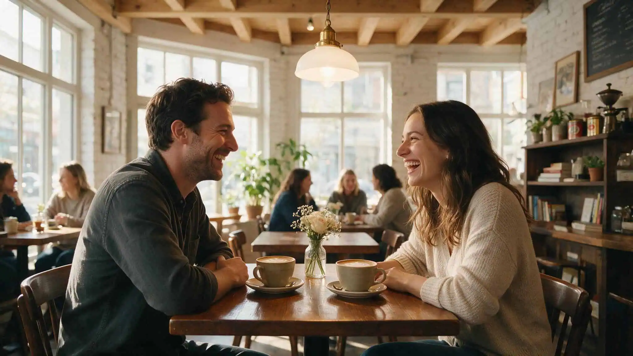 Couple laughing on a date illustrating the playful affectionate reason a guy might call you hot babe.