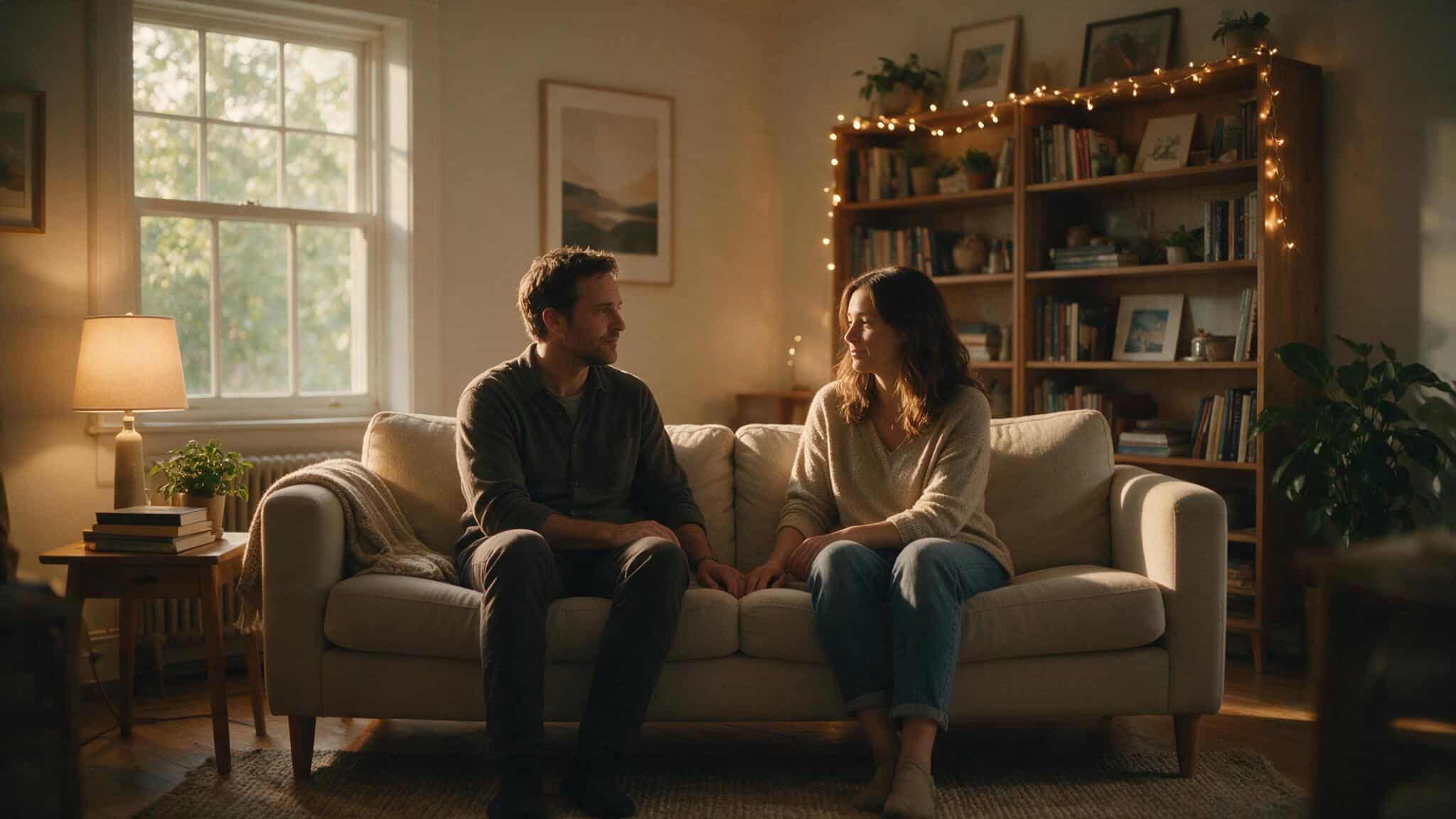 Money, Sex, and Happiness: What the Data Actually Says About the $75,000 Myth 4 Couple sitting close on a couch, representing the practical guide to earning and intimacy in relationships.