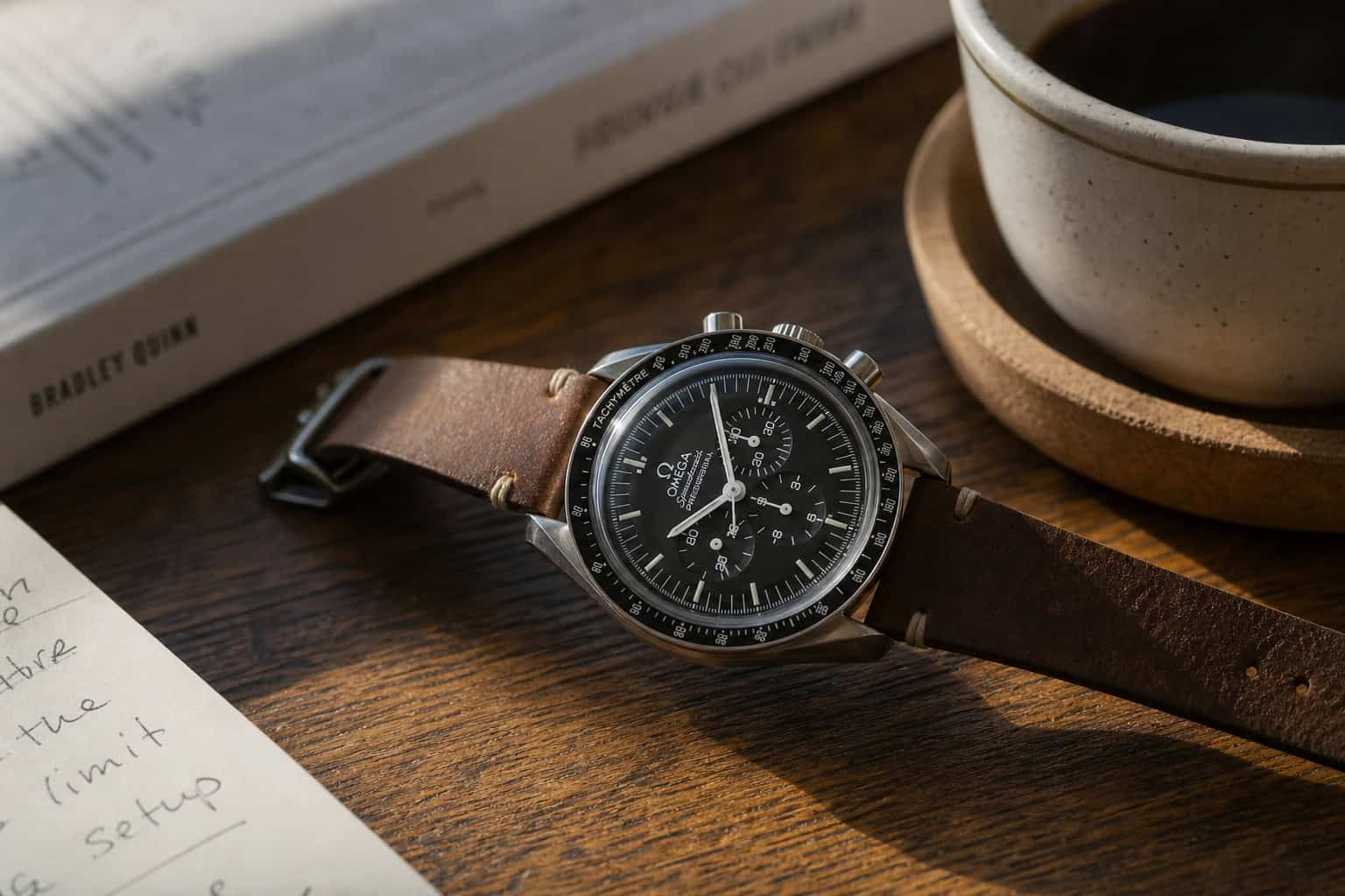 Pre-owned Omega Speedmaster Moonwatch on leather strap on a wooden desk