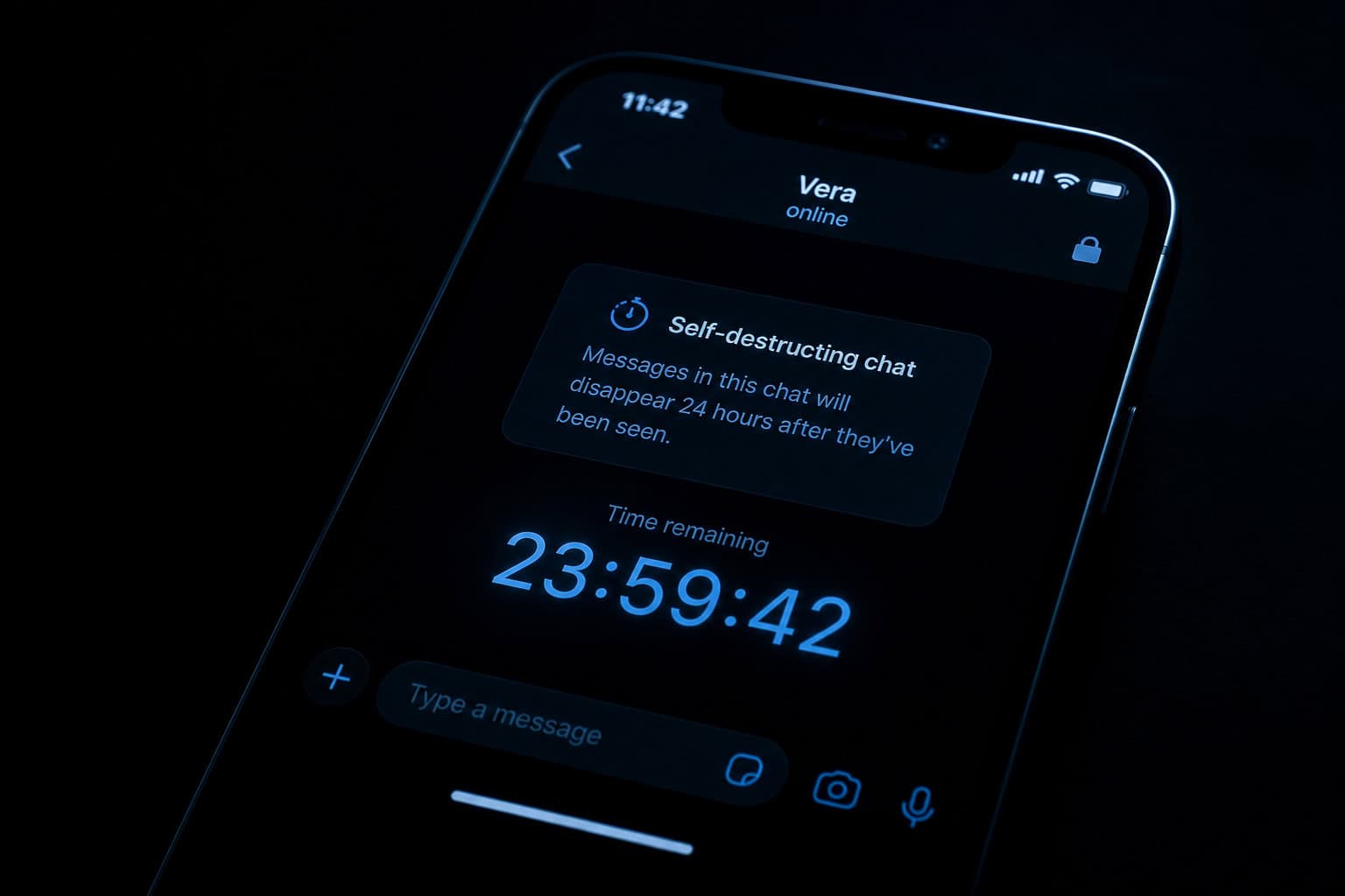 Most Secretive Dating App 2026: Goose vs Pure vs Raya vs Bumble Incognito 3 Self-destructing chat timer on the Pure dating app screen