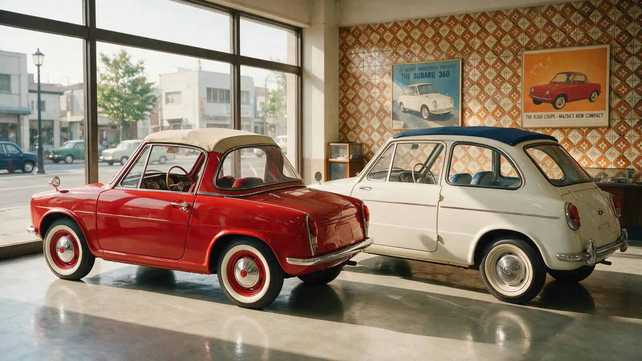Mazda R360: The First Mazda Car and the Scrappy DNA That Built an Automaker 3 Mazda R360 Coupe and Subaru 360 parked side by side in a 1960s showroom.