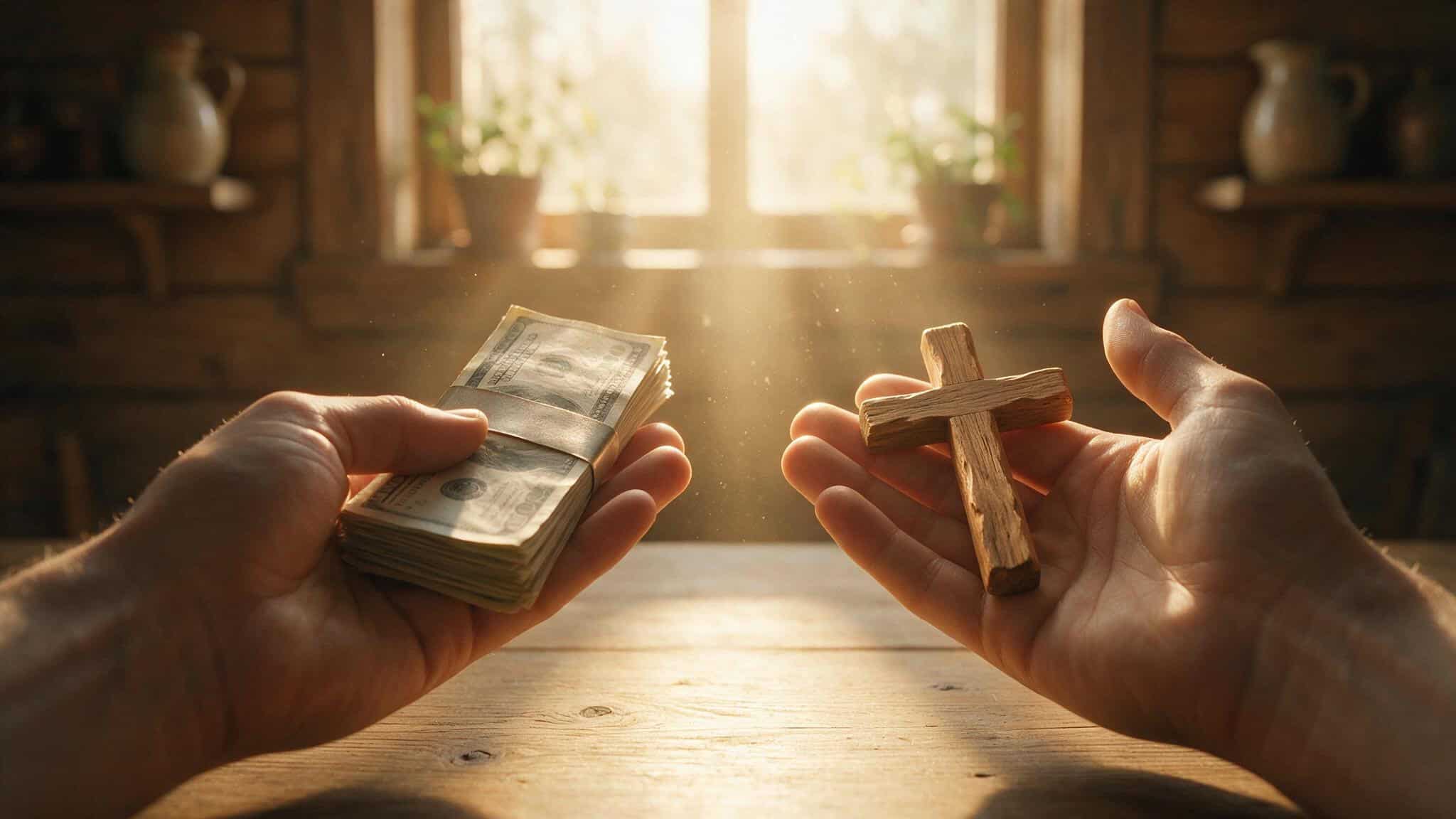 Money, Sex, and Power: The Hidden Trap That Reveals Your Heart 4 Hands holding money and a cross showing redeemed use of money for generosity and God's glory