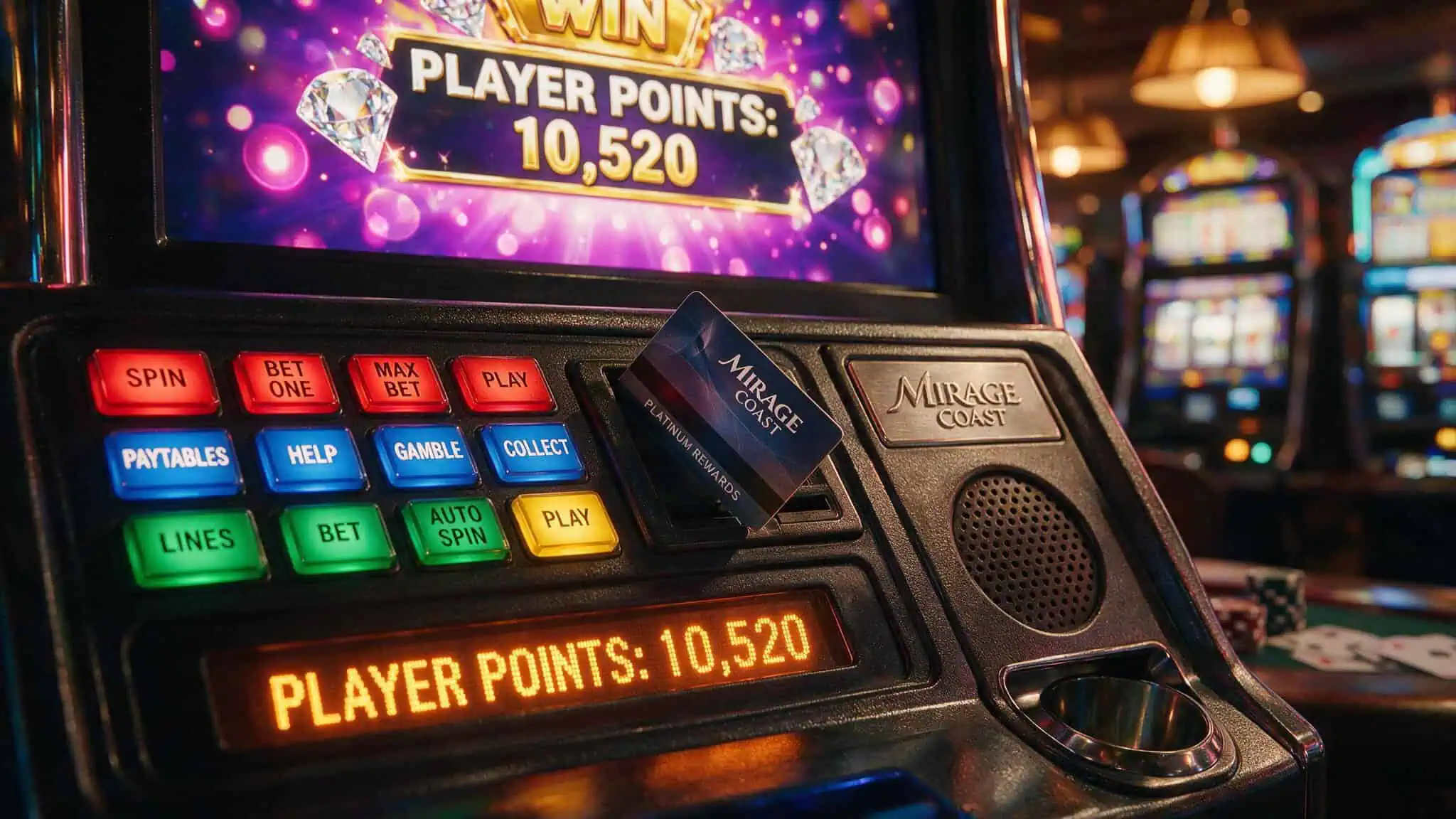 Casino rewards card inserted in a slot machine showing tier points and freeplay balance.