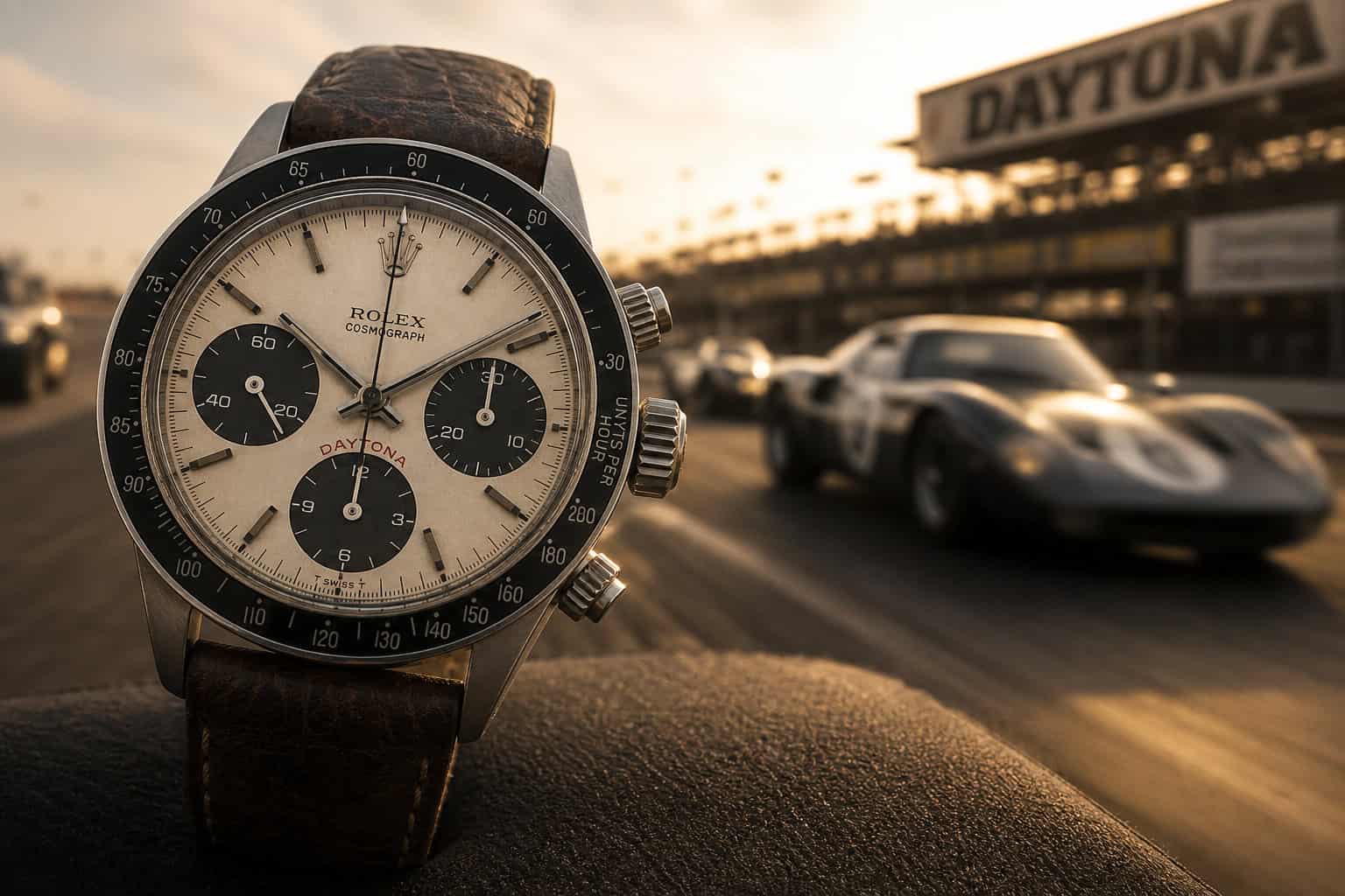 Omega vs Rolex History: 176 Years of Rivalry From NASA to Everest 7 Rolex Daytona chronograph with motorsport background referencing Paul Newman cultural association.