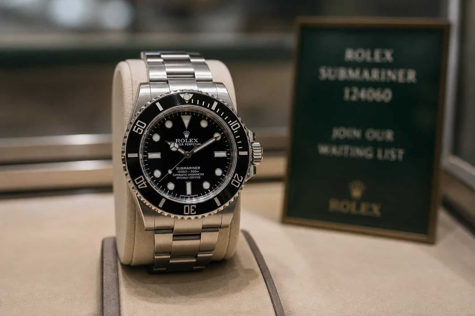 Rolex Submariner 124060 on dealer display with waitlist context