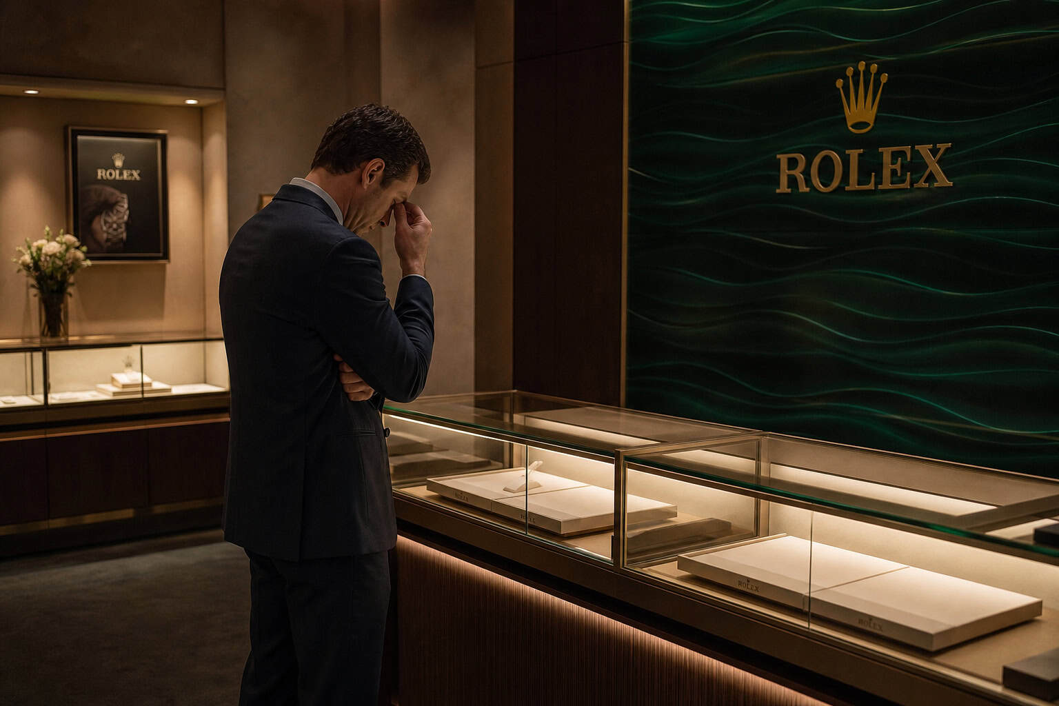 Empty Rolex dealer display case illustrating scarcity and waitlist culture