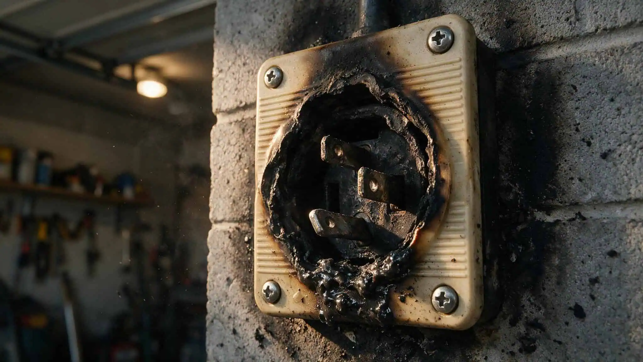 Hardwired vs Plug-In EV Charger: Why Hardwire Wins 99% of the Time 3 Melted NEMA 14-50 outlet from sustained EV charging load highlighting safety advantage of hardwired chargers