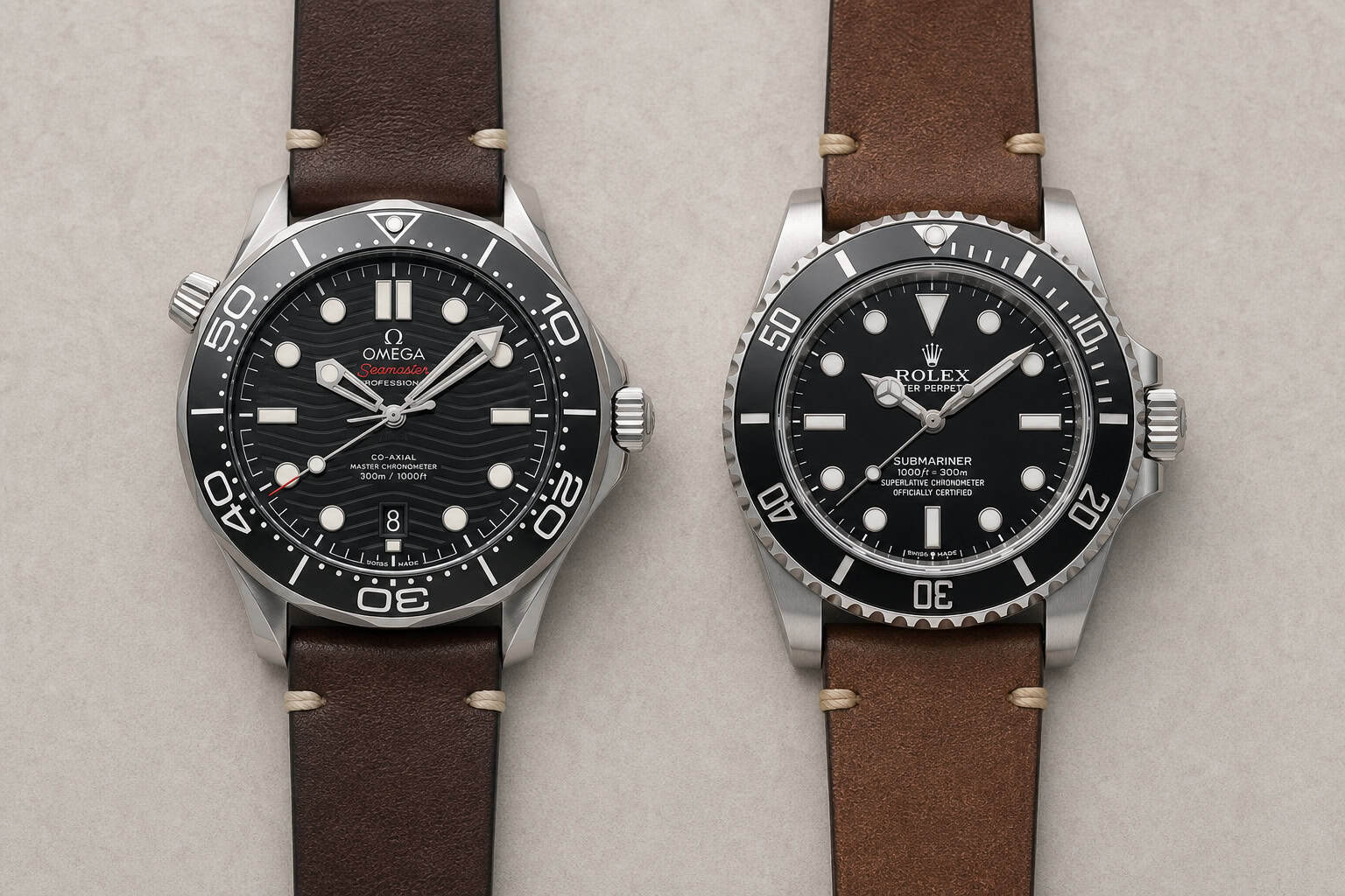 Omega vs Rolex Owners: Age, Income, and What Drives the Choice 8 Omega Seamaster and Rolex Submariner watches side by side on leather