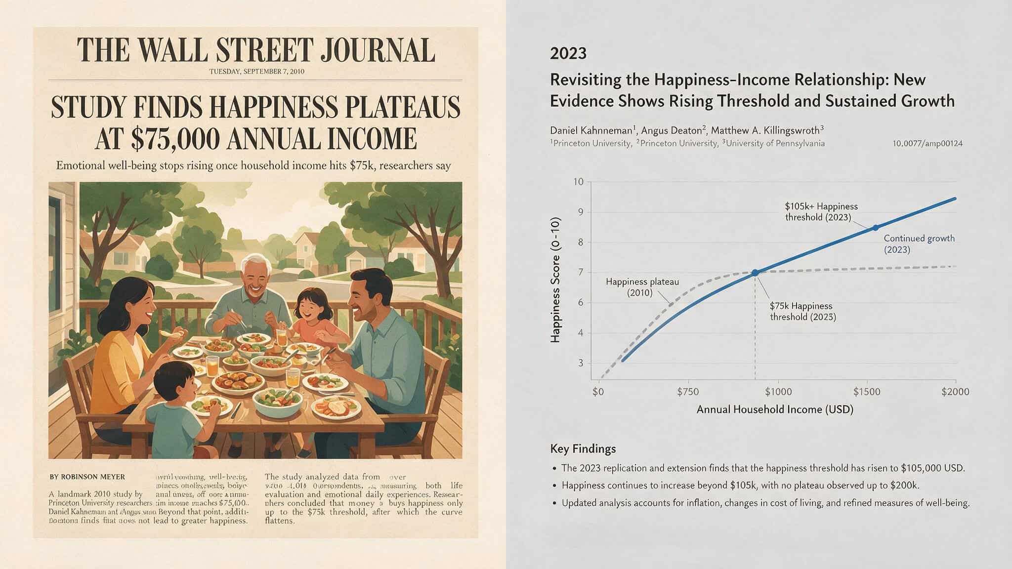 Split-screen comparing 2010 Princeton study headline with 2023 adversarial collaboration research paper.