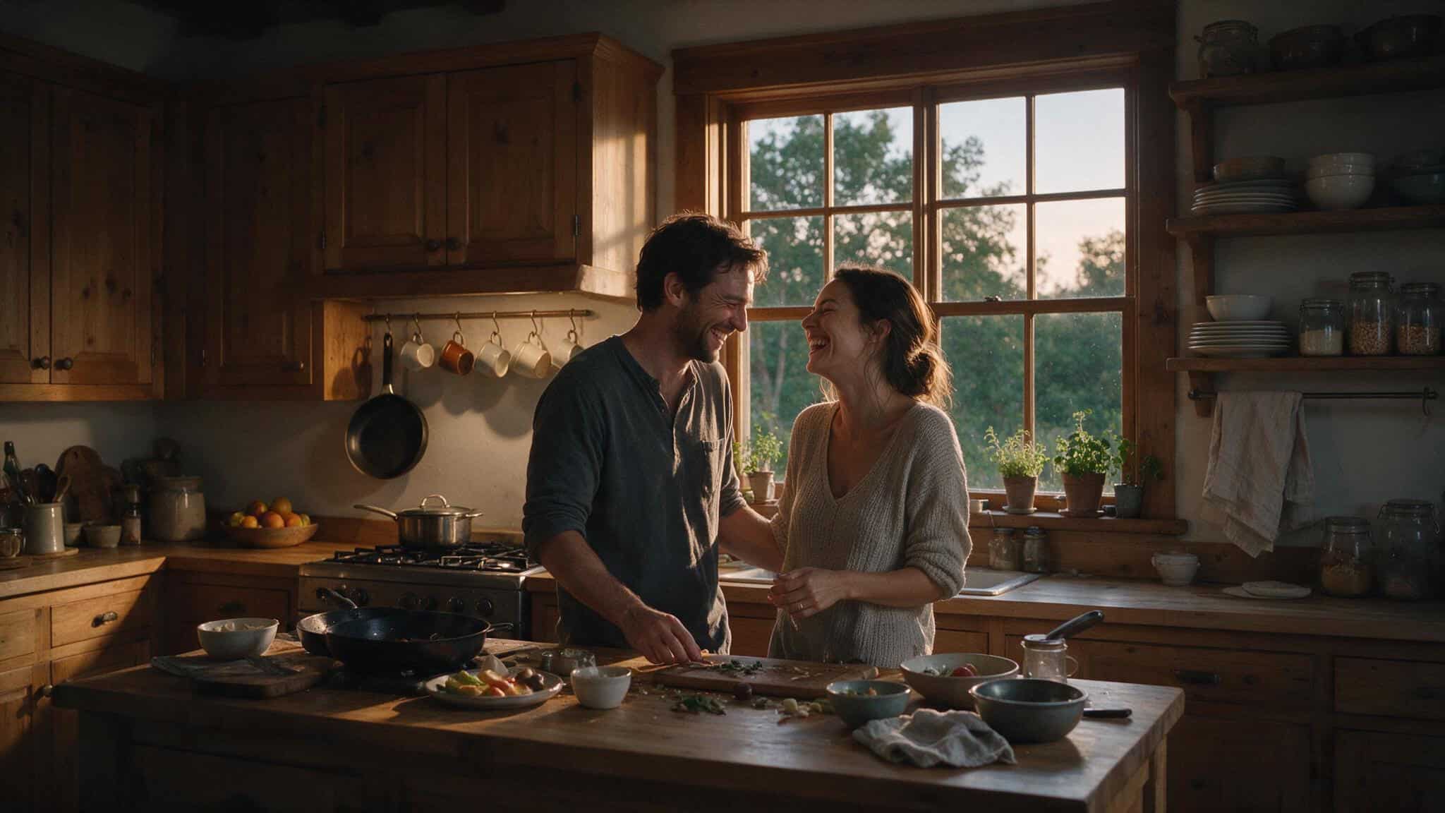 Money, Sex, and Happiness: What the Data Actually Says About the $75,000 Myth 3 Happy couple laughing in a kitchen, representing the strong link between sexual activity and reported happiness.