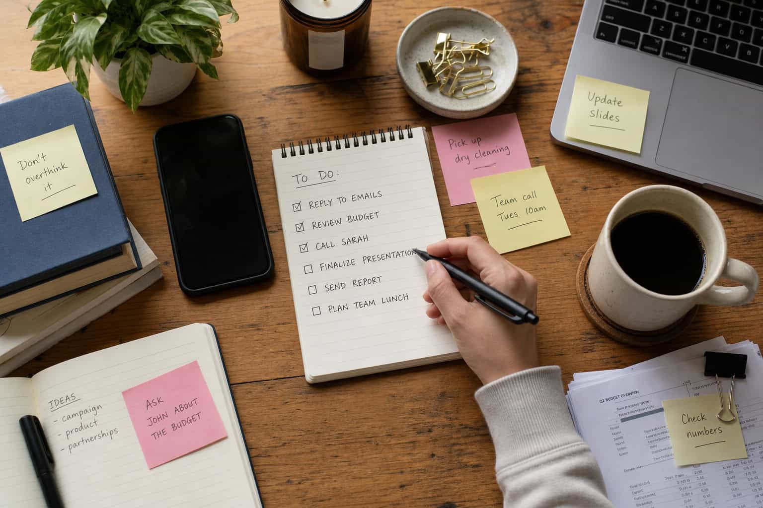The 3-3-3 Rule at Work: How to Structure Your Day for Focus (Backed by Darwin, Bezos, and a Monastery) 5 Hand checking off tasks on a sticky note amid desk clutter