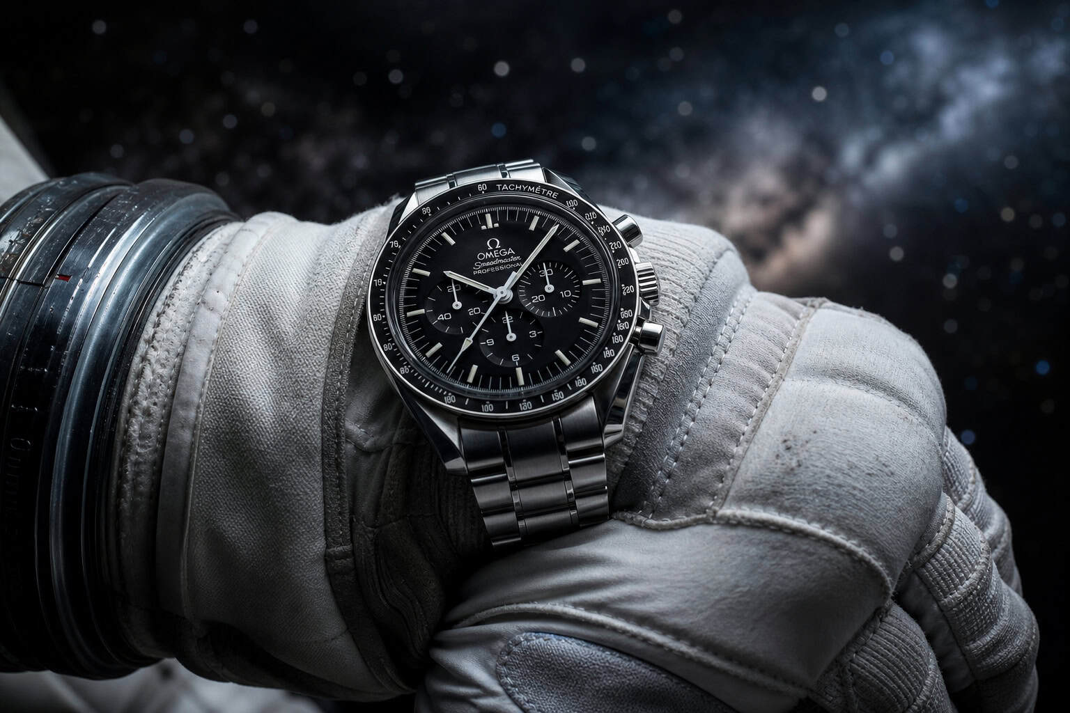 Omega vs Rolex History: 176 Years of Rivalry From NASA to Everest 6 Omega Speedmaster on astronaut glove representing NASA certification and Moon landing heritage.
