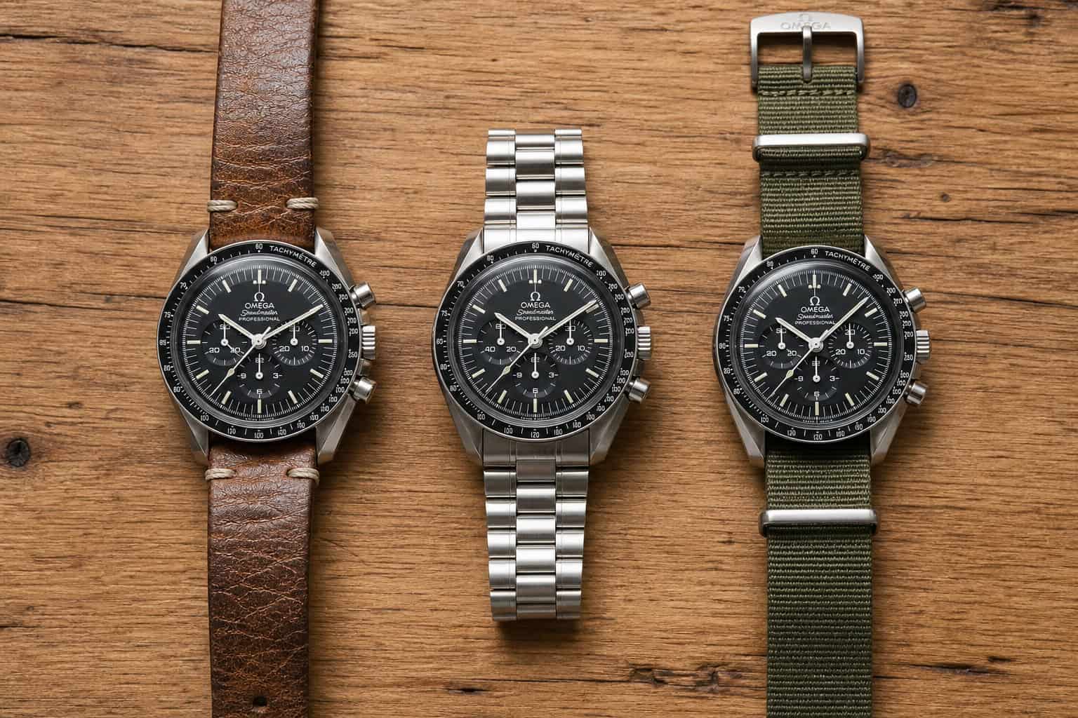 What Kind of Person Wears Omega? A Model-by-Model Personality Guide 8 Three Omega Speedmaster Moonwatch straps: brown leather, metal bracelet, and olive NATO on a wooden table.