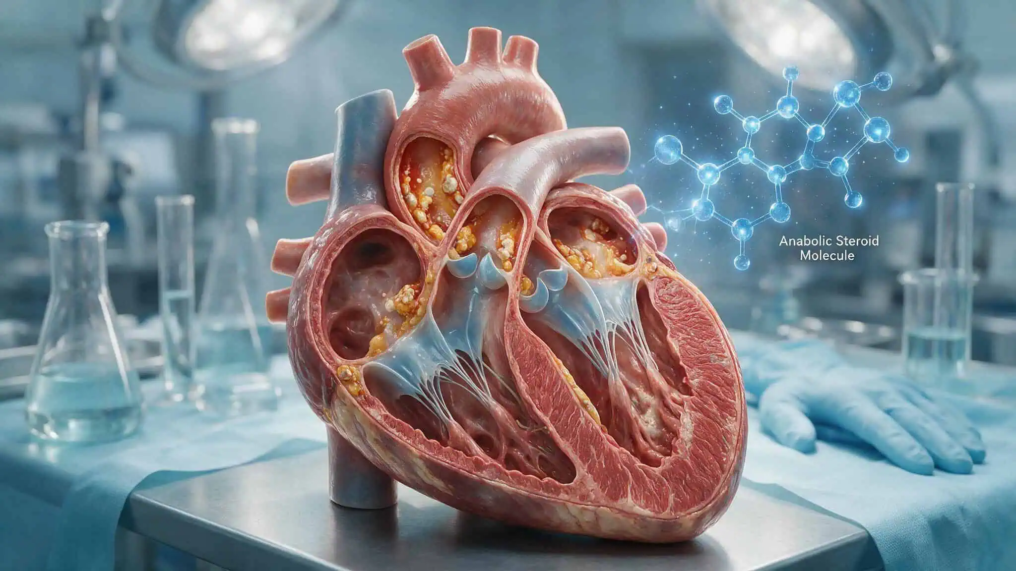 Why Bodybuilders Die Young: The Evidence Gap Behind the Headlines 2 Anabolic steroid heart damage mechanism showing thickened ventricle and plaque in bodybuilder study
