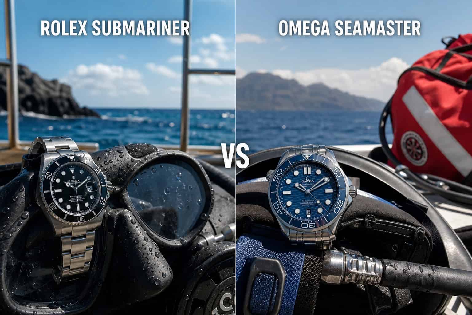 Rolex Submariner and Omega Seamaster on a dive boat deck with ocean background