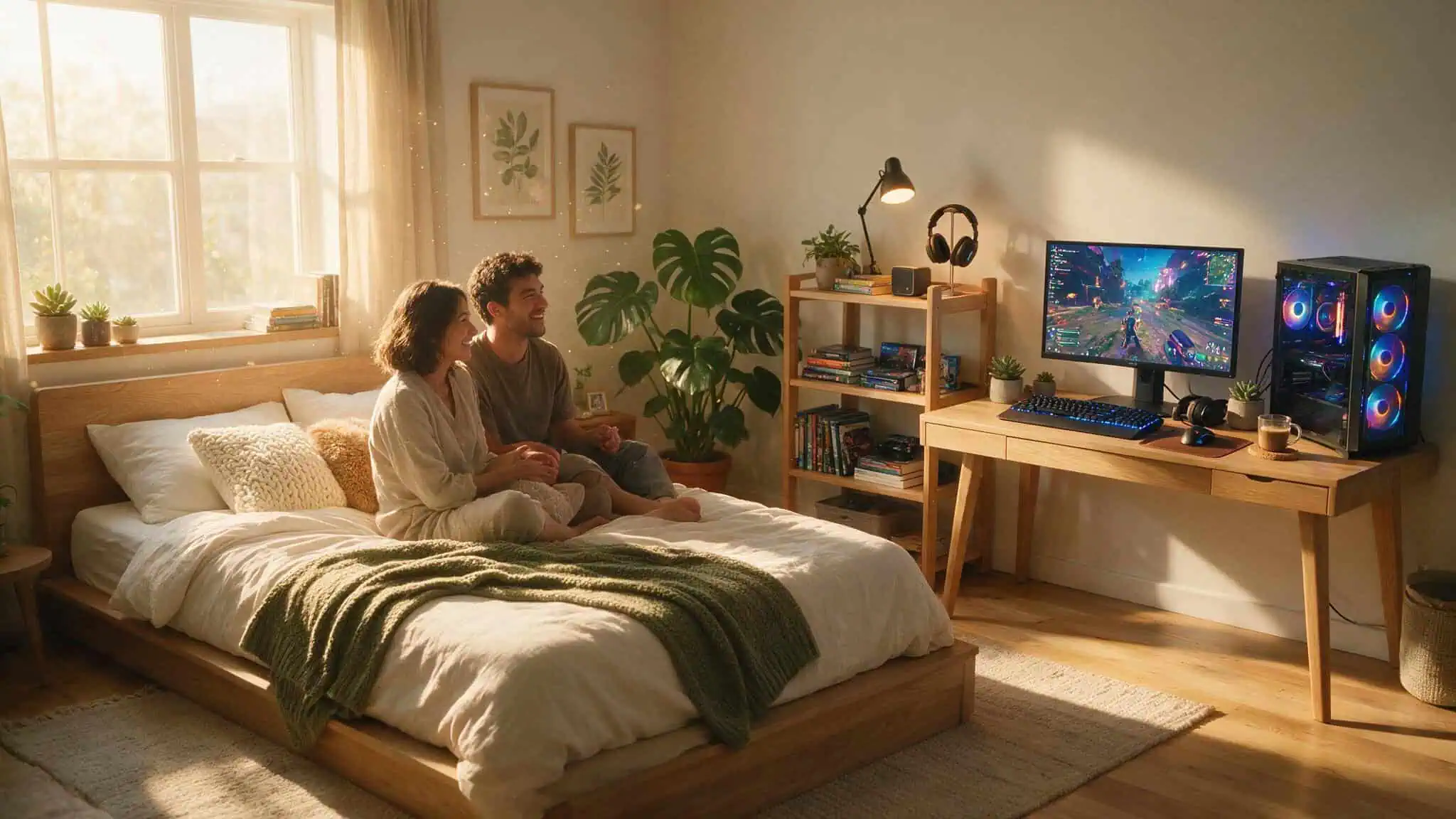 What Size AC for Bedroom? The No-BS Guide to BTU Math, Ceiling Height, and Why Bigger Wrecks Your Sleep 2 Bedroom with afternoon sun, two occupants, and a gaming PC adding heat load for BTU adjustments.